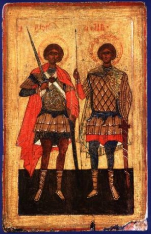 전사 모습의 성 플로로와 성 라우로_by Anonimus end of 15th century_from central Russia.jpg